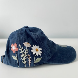 hand embroidered floral hat, floral baseball cap, floral baseball hat, hand embroidered botanical hat, hand embroidered wildflowers hat