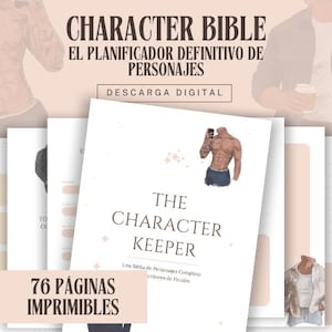 Puede incluir: Un planificador de personajes digital con 76 páginas imprimibles, que incluye el texto "CHARACTER BIBLE", "EL PLANIFICADOR DEFINITIVO DE PERSONAJES", "DESCARGA DIGITAL", "THE CHARACTER KEEPER" y "76 PÁGINAS IMPRIMIBLES" con ilustraciones de figuras.