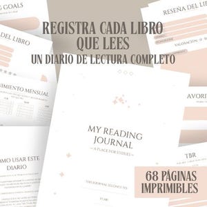 Puede incluir: Un diario de lectura imprimible con varias páginas, detalles en color melocotón suave y texto gris oscuro. La portada muestra el título My Reading Journal - A Place For Stories, con secciones para año y nombre, además del texto 68 páginas imprimibles.