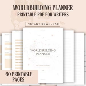 Puede incluir: Un planificador de construcción de mundos en PDF imprimible para escritores con 60 páginas. La portada muestra el texto Worldbuilding Planner, Build Your World One Page At A Time, This Planner Belongs To y Year, con un mapa y estrellas.