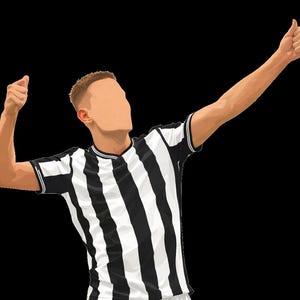 May include: Illustration of a person wearing a black and white striped soccer jersey, with arms raised in a gesture of triumph. The person's right arm is raised with a thumbs-up, and the left arm is raised in a fist.
