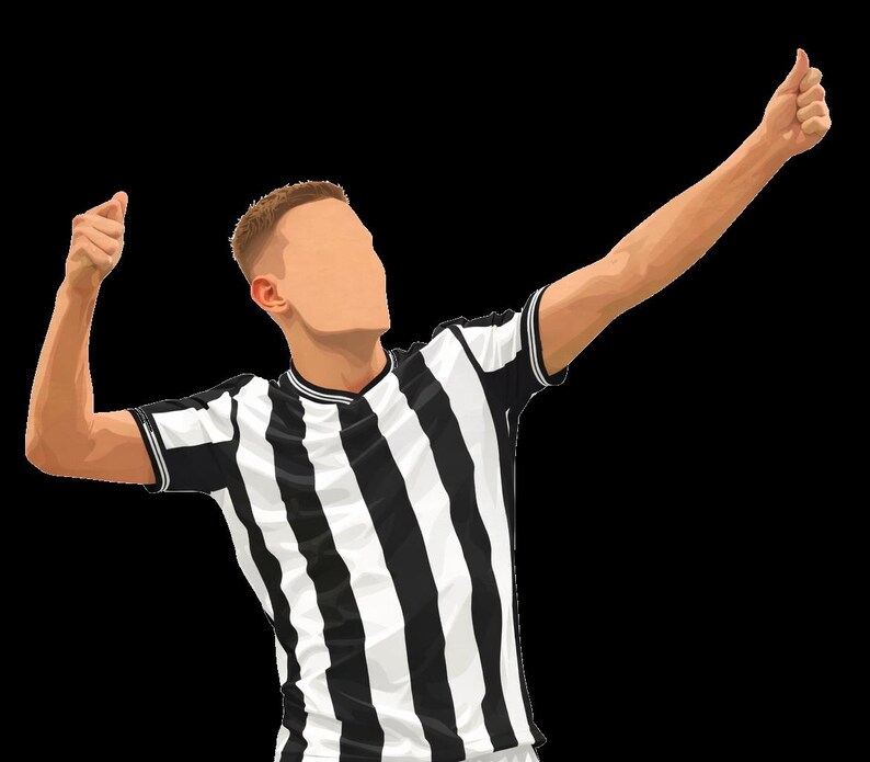 May include: Illustration of a person wearing a black and white striped soccer jersey, with arms raised in a gesture of triumph. The person's right arm is raised with a thumbs-up, and the left arm is raised in a fist.