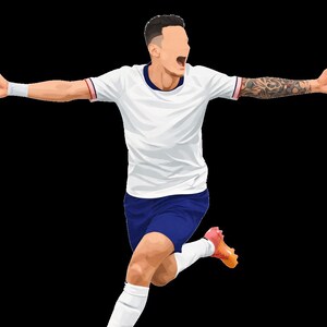 May include: Illustration of a soccer player in a white jersey with blue shorts, celebrating with arms outstretched. The player has a tattoo on one arm and is wearing white socks and orange cleats. The background is black.