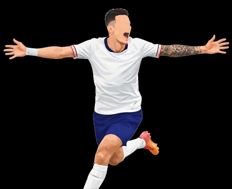 May include: Illustration of a soccer player in a white jersey with blue shorts, celebrating with arms outstretched. The player has a tattoo on one arm and is wearing white socks and orange cleats. The background is black.