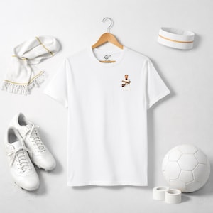 May include: A white short-sleeve t-shirt featuring a small graphic of a soccer player on the left chest. The shirt is displayed on a wooden hanger. The graphic depicts a player in a white kit with arms crossed. The brand logo is visible at the neck.