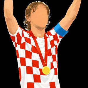 May include: Illustration of a person with arms raised in victory. The person wears a red and white checkered shirt, a blue armband, and a gold medal. The background is black.