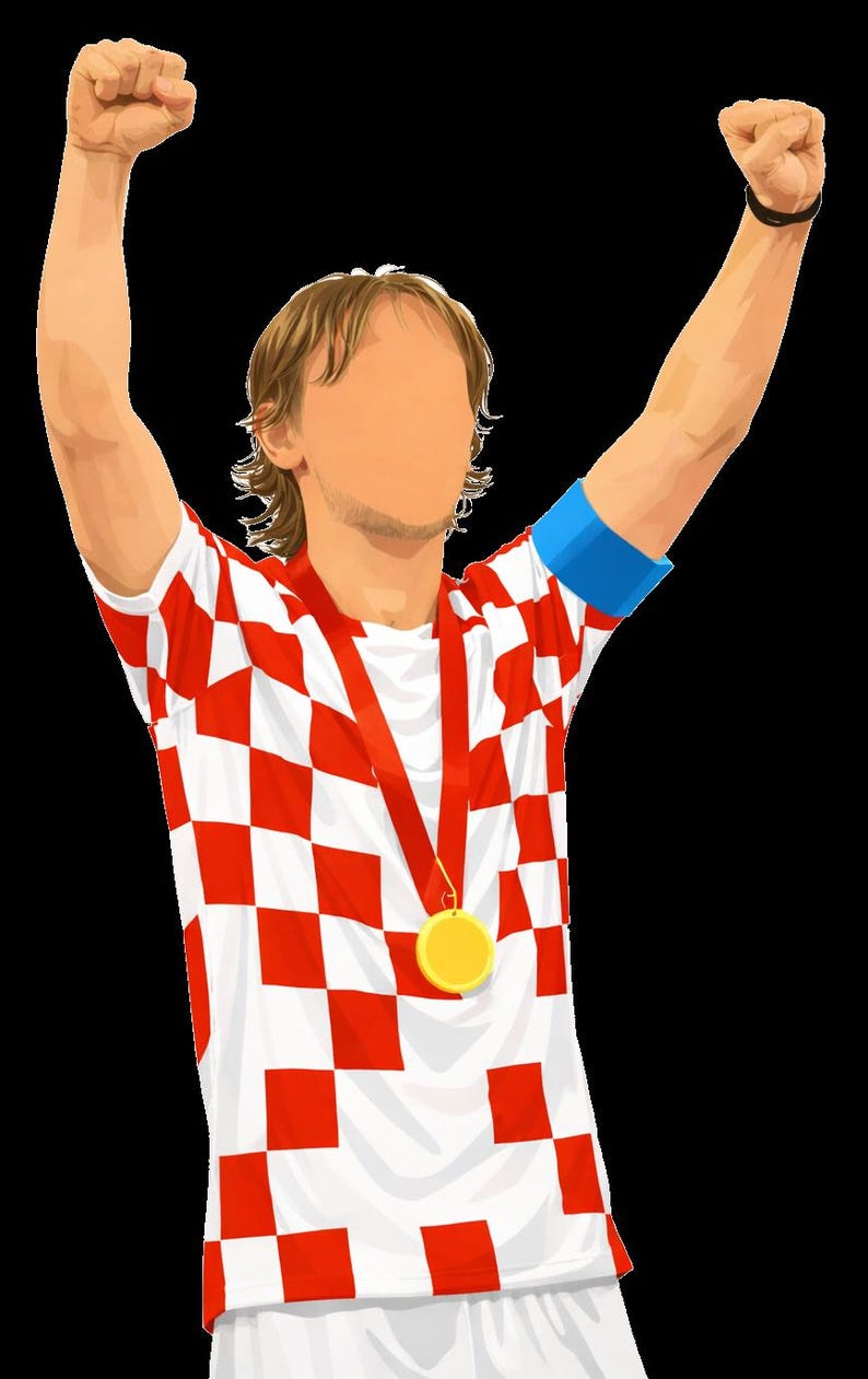 May include: Illustration of a person with arms raised in victory. The person wears a red and white checkered shirt, a blue armband, and a gold medal. The background is black.