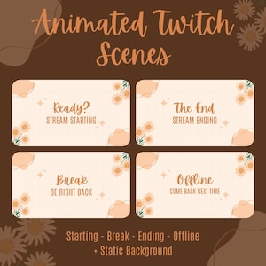Escenas animadas de flores naranjas en streaming: comienza pronto, vuelvo enseguida, finaliza la transmisión, sin conexión + fondo simple