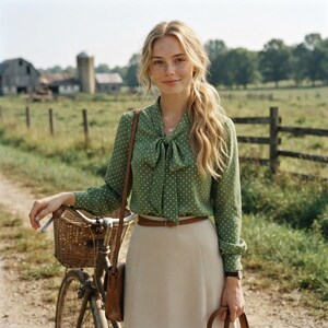 May include: A long-sleeved sage green blouse with a white polka dot pattern and a pussy-bow neck tie, paired with a solid beige midi skirt and a thin brown leather belt. A brown leather crossbody bag hangs over the shoulder near a bicycle basket.