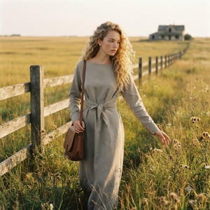Women's Cotton Maxi Dress, Gray Long Sleeve Dress, Casual O Neck Dress, Solid Color Long Dress, Relaxed Fit Split Hem Dress