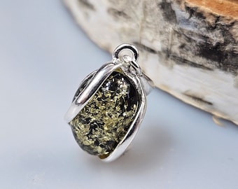 Small Green Baltic Amber Pendant, Sterling Silver 925
