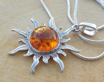 Flaming Sun Pendant, Brown Amber Pendant, Real Gemstone cabochon, Sun shape Sterling Silver 925 Pendant, Handmade Crystal pendant, Love gift