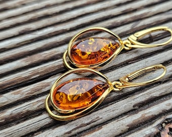 Baltic Amber Dangle Earrings, Gold Plated Sterling Silver, Lever Back Gemstone Jewelry