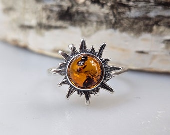Ring aus braunem Bernstein, Ringe in Form einer flammenden Sonne, Sonnenohrringe aus 925er Sterlingsilber, Edelstein-Ohrhänger, Kristall-Ohrhänger, Solitärring