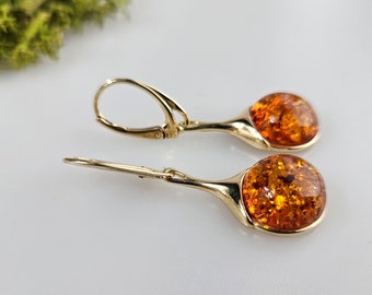 Handmade Baltic Amber Dangle Earrings, Gold Plated Sterling Silver
