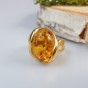 Orange baltisk bärnstensring, justerbar guldsten 925 sterlingsilver