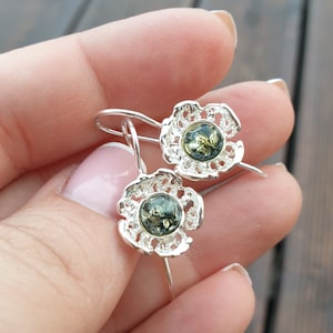 Flower Earrings, Round green Baltic Amber Earrings, Small Handmade Hanging ball dangle earrings, Sterling silver 925