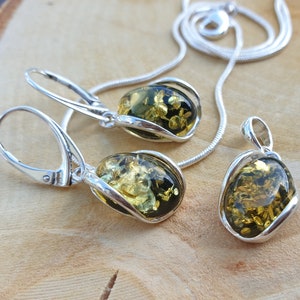 green Amber Earrings, Baltic Amber Pendant Set, Sterling silver 925 handmade Set, Christmas gift for women