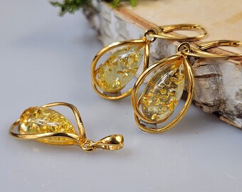 Lemon yellow Amber Earrings, Baltic Amber Pendant Set, Gold plated Sterling silver 925 handmade Set, Christmas gift for women