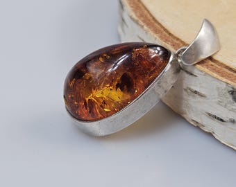 brown Amber Pendant, Silver 925 Real Gemstone cabochon, Oval Sterling Handmade Crystals