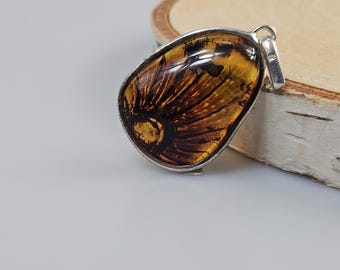 Engraved Brown Amber Pendant, Oval Sterling Silver 925, Handmade