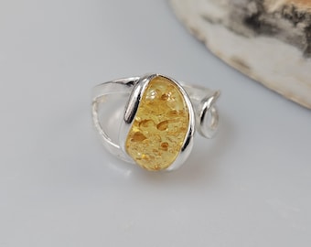 Anillo ajustable de ámbar báltico, plata de ley, piedra preciosa hecha a mano.