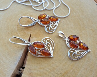 Heart Shape Amber Earrings, Gemstone Earring,  Elegant Crystal Earrings, Sterling Silver 925 Dangle, Baltic Amber Set