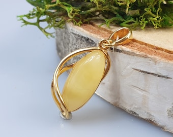 Teardrop Baltic Amber Pendant, Yellow White, Sterling Silver 925