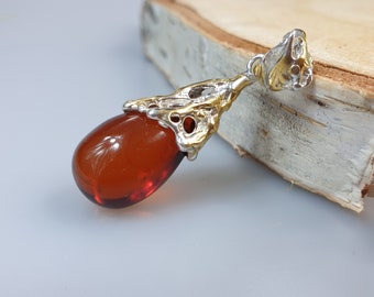 Teardrop Baltic Amber Pendant, Sterling Silver & Gold Plated