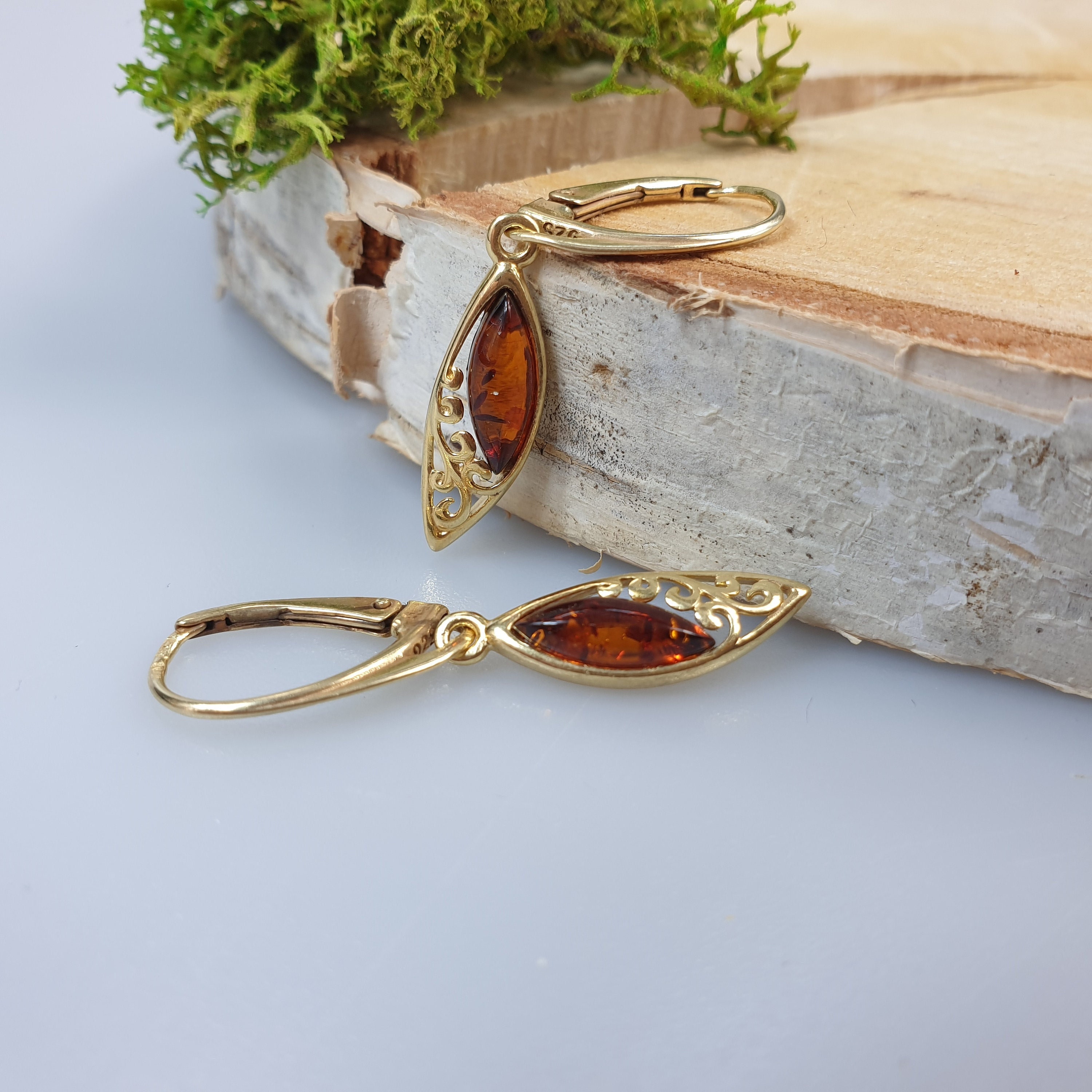 Gold amber earrings Small Dangle Earrrings For Women Handmade Amber Drops Lever Back Gold plated