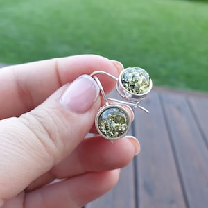 Circle Earrings, Round green Baltic Amber Earrings, Small Handmade Hanging ball dangle earrings, Sterling silver 925