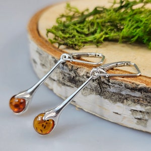 Long amber earrings, Small Dangle Earrrings For Women, Handmade Amber Drops Lever Back Sterling silver 925