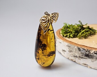 Natural Baltic Amber Teardrop Pendant, Green Gemstone Cabochon