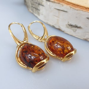 Brown Amber Teardrop Earrings, Big Baltic Amber Dangle Earrings For Women, Elegant Drops, Gold plated sterling silver 925