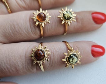 Anillo de ámbar báltico con sol, anillo colgante de plata de ley marrón
