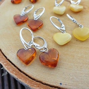 Heart Earrings, Baltic Amber Earring, Lever Back Small Earring,  Gemstone heart, Amber jewelry