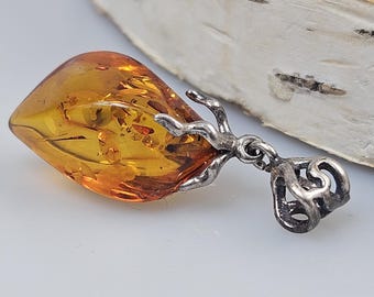 Small Baltic Amber Pendant, Sterling Silver 925, Handmade