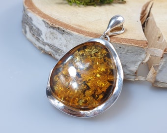 Handmade Baltic Amber Pendant, Oval Sterling Silver 925 Cabochon