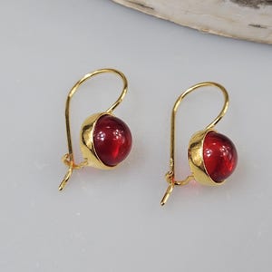 Może przedstawiać: Para złotych kolczyków z haczykowym zapięciem. Każdy kolczyk ma okrągły, głęboko czerwony kamień przypominający klejnot, osadzony w złotej oprawie. Kolczyki są prezentowane na jasnoszarej powierzchni.