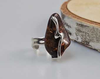 Verstellbarer brauner baltischer Bernsteinring, Sterling Silber, handgemacht