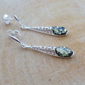 Green Amber Earrings, Gemstone Earring,  Elegant Crystal Earrings, Sterling Silver 925 Dangle