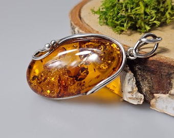 Brown Baltic Amber Sterling Silver Pendant, Handmade Gemstone Jewelry