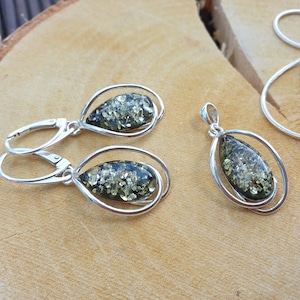 green Amber Earrings, Baltic Amber Pendant Set, Sterling silver 925 handmade Set, Christmas gift for women