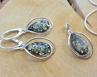 green Amber Earrings, Baltic Amber Pendant Set, Sterling silver 925 handmade Set, Christmas gift for women