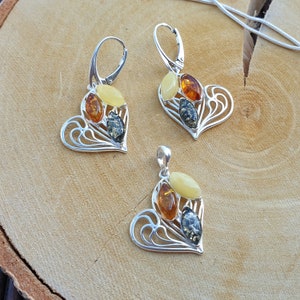 Heart Shape Amber Earrings, Gemstone Earring,  Elegant Crystal Earrings, Sterling Silver 925 Dangle, Baltic Amber Set