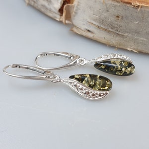 Green amber earrings Small Dangle Earrrings For Women Handmade Amber Drops Lever Back Sterling silver 925