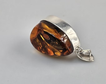 brown Amber Pendant, Silver Pendant, Real Gemstone cabochon, Oval Sterling Silver 925 Pendant, Handmade Crystals