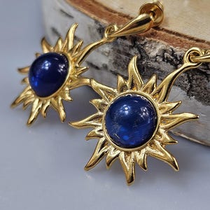 Blue Amber Earrings, Gold earrings, Long earring, Real Gemstone  earring