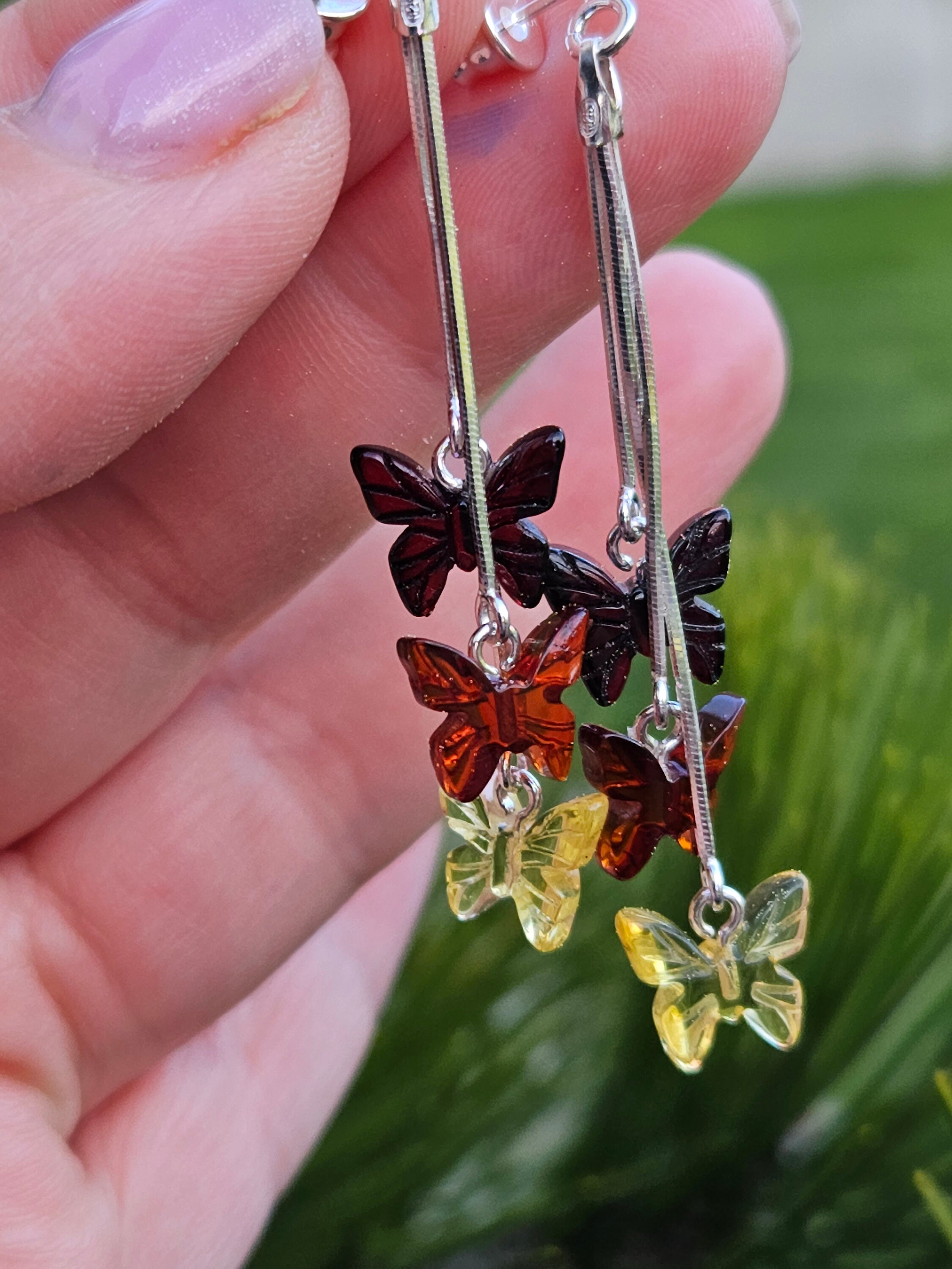Boucles D'oreilles Clous Pendantes Papillon Argent Et Ambre 3 Couleurs - Neuf Avec étiquettes