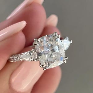 Cushion Cut Moissanite Engagement Ring: 14K Gold Three Stone Wedding Ring